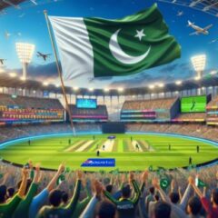 Grand cricket event scene with a prominent Pakistani flag. The stadium is bustling with a diverse audience, cheering and waving various flags, کرکٹ پر مضمون