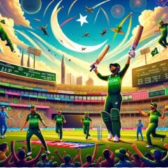The image shows a vibrant depiction of Pakistan's achievements in One Day Cricket World Cups. It features a bustling cricket stadium with exuberant fans, colorful banners, and prominent displays of the Pakistan flag. Pakistani cricketers are seen in dynamic poses: a batsman triumphantly raising his bat, a bowler celebrating a wicket, and a fielder making a spectacular catch. The background is filled with cheering supporters and a digital scoreboard highlighting key moments from memorable matches. The scene is set against a backdrop of a bright, clear sky, encapsulating the celebratory atmosphere of a cricket match.