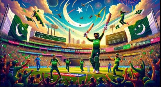 The image shows a vibrant depiction of Pakistan's achievements in One Day Cricket World Cups. It features a bustling cricket stadium with exuberant fans, colorful banners, and prominent displays of the Pakistan flag. Pakistani cricketers are seen in dynamic poses: a batsman triumphantly raising his bat, a bowler celebrating a wicket, and a fielder making a spectacular catch. The background is filled with cheering supporters and a digital scoreboard highlighting key moments from memorable matches. The scene is set against a backdrop of a bright, clear sky, encapsulating the celebratory atmosphere of a cricket match.