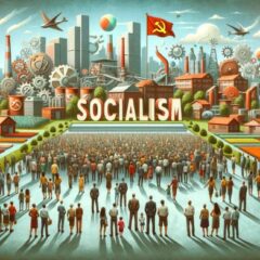 The image shows a conceptual representation of socialism, featuring a diverse group of men and women of various ethnicities standing together in unity and equality. They are in a public square, surrounded by symbols of shared resources, such as factories, farms, and schools, illustrating collective ownership and operation. A banner with the word "Socialism" is prominently displayed in the background, enhancing the atmosphere of community and cooperation that embodies the core principles of socialism. سوشلزم کی تعریف اور خصوصیات
