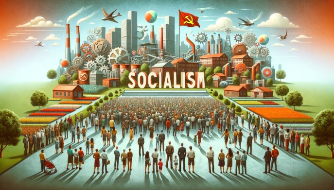The image shows a conceptual representation of socialism, featuring a diverse group of men and women of various ethnicities standing together in unity and equality. They are in a public square, surrounded by symbols of shared resources, such as factories, farms, and schools, illustrating collective ownership and operation. A banner with the word "Socialism" is prominently displayed in the background, enhancing the atmosphere of community and cooperation that embodies the core principles of socialism. سوشلزم کی تعریف اور خصوصیات