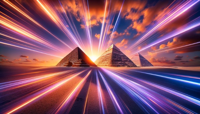 Conceptual artwork depicting the speed of light converging on the Pyramids of Giza at sunset, with a vibrant sky of orange and purple hues, illustrating the connection between modern science and ancient architecture.