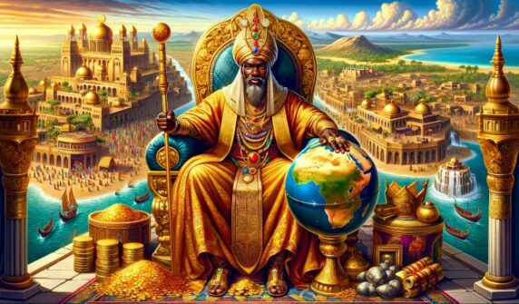 Mansa Musa: The richest man in history. An illustration of Mansa Musa, the richest man in history, sitting on a golden throne surrounded by treasures. He is dressed in luxurious traditional attire, holding a golden scepter and a globe, symbolizing his wealth and power. The background features an ancient African kingdom with bustling markets, impressive architecture, and lush landscapes, illustrating the vastness of his empire and wealth.