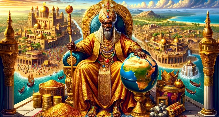 Mansa Musa: The richest man in history. An illustration of Mansa Musa, the richest man in history, sitting on a golden throne surrounded by treasures. He is dressed in luxurious traditional attire, holding a golden scepter and a globe, symbolizing his wealth and power. The background features an ancient African kingdom with bustling markets, impressive architecture, and lush landscapes, illustrating the vastness of his empire and wealth.