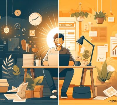 Feature image for a blog post, split into two contrasting scenes. On the left, a joyful freelancer works in a bright, plant-filled home office, using a laptop on a tidy desk with a coffee cup. On the right, a stressed freelancer is surrounded by clutter and paperwork in a dimly lit, chaotic workspace. freelancing advantages and challenges