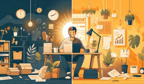 Feature image for a blog post, split into two contrasting scenes. On the left, a joyful freelancer works in a bright, plant-filled home office, using a laptop on a tidy desk with a coffee cup. On the right, a stressed freelancer is surrounded by clutter and paperwork in a dimly lit, chaotic workspace. freelancing advantages and challenges