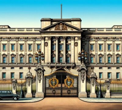 Buckingham Palace: The epitome of grandeur. The image captures the majestic and detailed facade of Buckingham Palace, set against a clear blue sky with its famous gold and black gates in the foreground. The image aims to evoke a sense of regal elegance and historical grandeur.