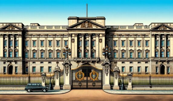 Buckingham Palace: The epitome of grandeur. The image captures the majestic and detailed facade of Buckingham Palace, set against a clear blue sky with its famous gold and black gates in the foreground. The image aims to evoke a sense of regal elegance and historical grandeur.