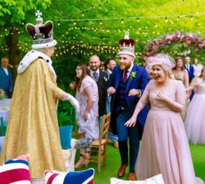 Royal Surprise: When the Queen of Great Britain accepts an invitation to a public wedding. A vibrant scene at a public wedding set in a picturesque garden. The Queen of Great Britain, dressed in regal attire with a crown, mingles with guests. The bride and groom are at the center, joyfully interacting with the Queen. The background features floral arches and fairy lights, creating a festive and celebratory atmosphere.