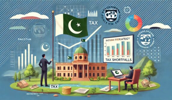 Illustration of Pakistan's economic strategy against tax shortfalls, featuring financial charts, tax documents, a government building with the Pakistani flag, and an official presenting data on tax targets and revenue growth. The backdrop includes symbols of international negotiations and financial agreements in a professional business setting.