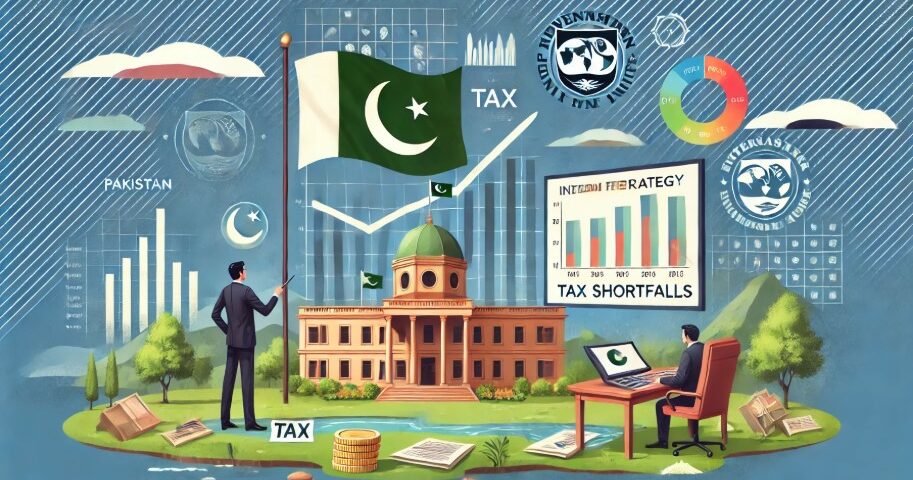 Illustration of Pakistan's economic strategy against tax shortfalls, featuring financial charts, tax documents, a government building with the Pakistani flag, and an official presenting data on tax targets and revenue growth. The backdrop includes symbols of international negotiations and financial agreements in a professional business setting.